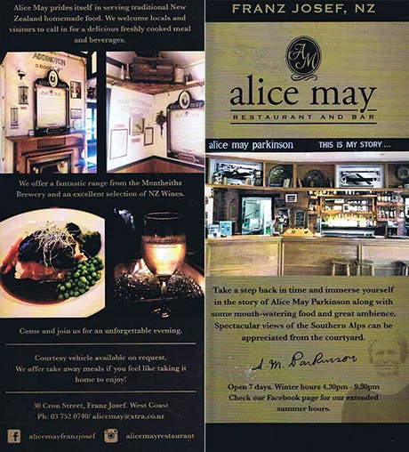 front cover of Alice May restaurant and bar brochure