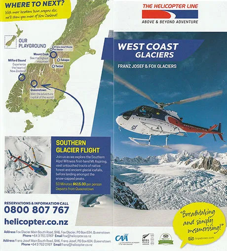 front cover of West Coast Glaciers Scenic Helicopter Flights brochure