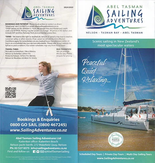 front cover of Abel Tasman Sailing Adventures brochure