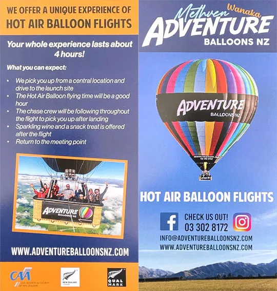 front cover of Methven Adventure Balloons brochure