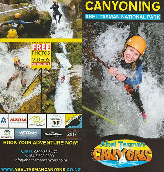 front cover of Canyoning Abel Tasman brochure