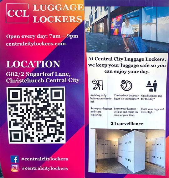 front cover of Luggage Lockers - Sugarloaf Lane, Central Christchurch brochure