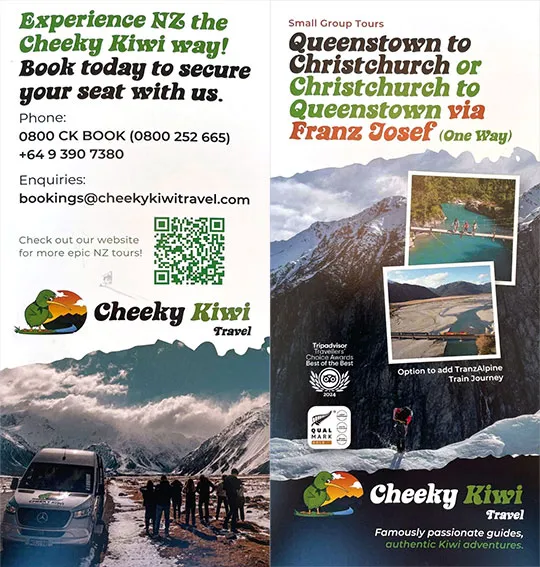 front cover of Cheeky Kiwi Travel brochure