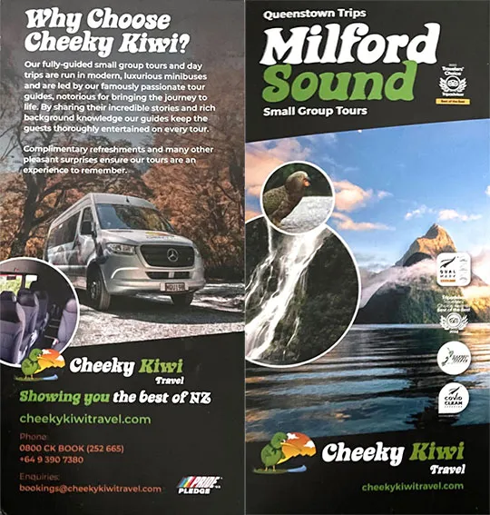 front cover of Cheeky Kiwi Travel - Milford Sound brochure