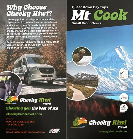 front cover of Cheeky Kiwi Travel - Mt Cook brochure