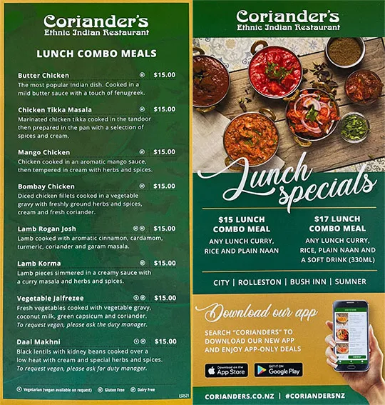 front cover of Coriander's ethnic Indian restaurant brochure