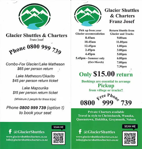 front cover of Glacier Shuttles & Charters Franz Josef brochure