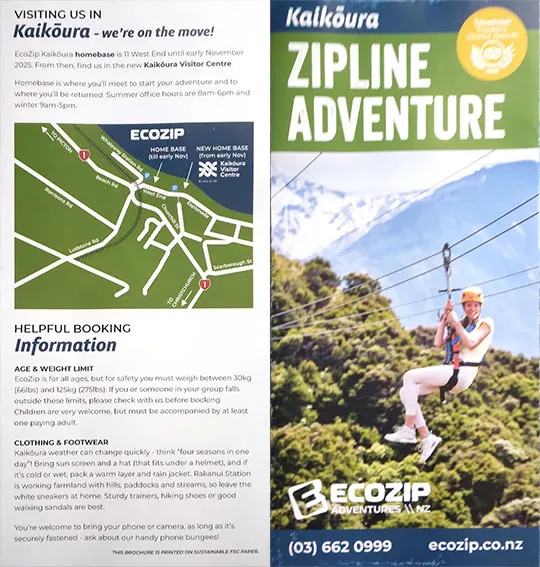 front cover of Kaikoura Zipline Adventure brochure