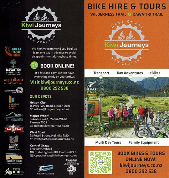 front cover of Kiwi Journeys - Bike cycle Hire & Tours brochure