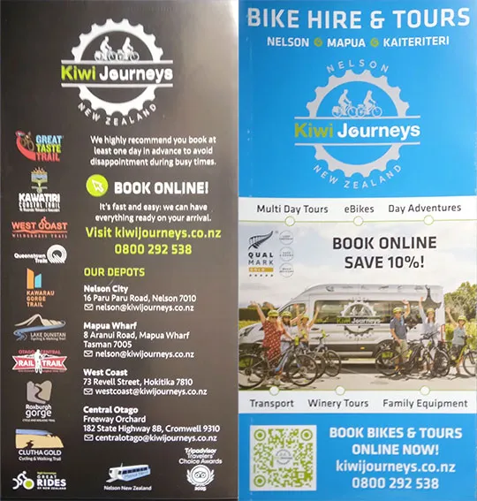 front cover of Kiwi Journeys - Bike cycle Hire & Tours brochure