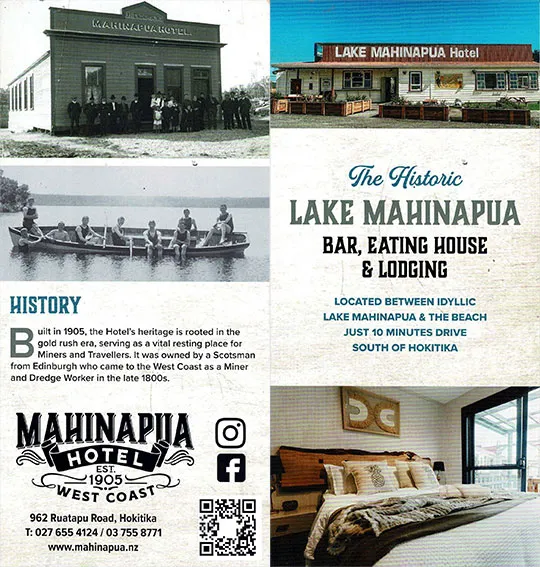 front cover of Lake Mahinapua Hotel brochure