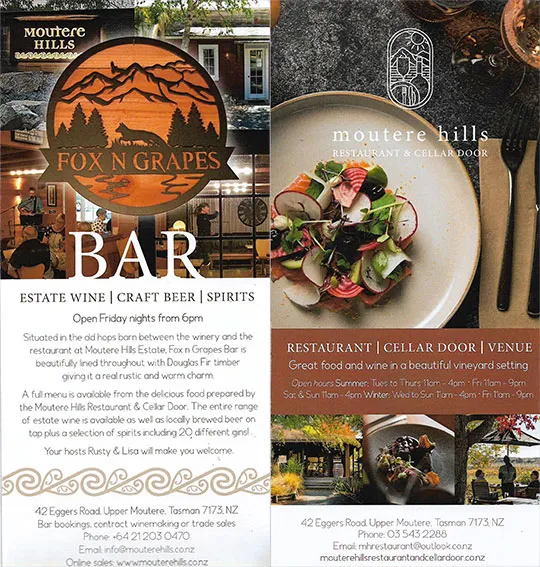front cover of Moutere Hills Restaurant and Cellar Door brochure
