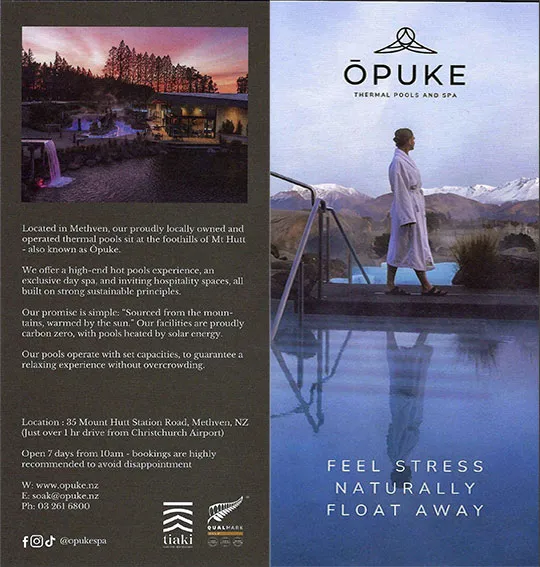 front cover of Ōpuke Thermal Pools and Spa brochure