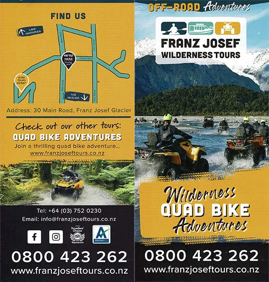 front cover of Quad Bike - Franz Josef Wilderness Tours brochure