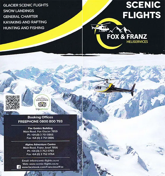 front cover of Fox & Franz Josef Heli Services brochure