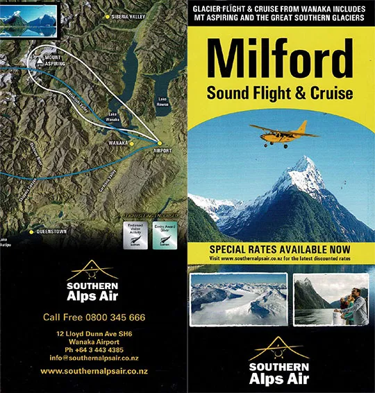 front cover of Southern Alps Air - Milford Sound Flight & Cruise brochure