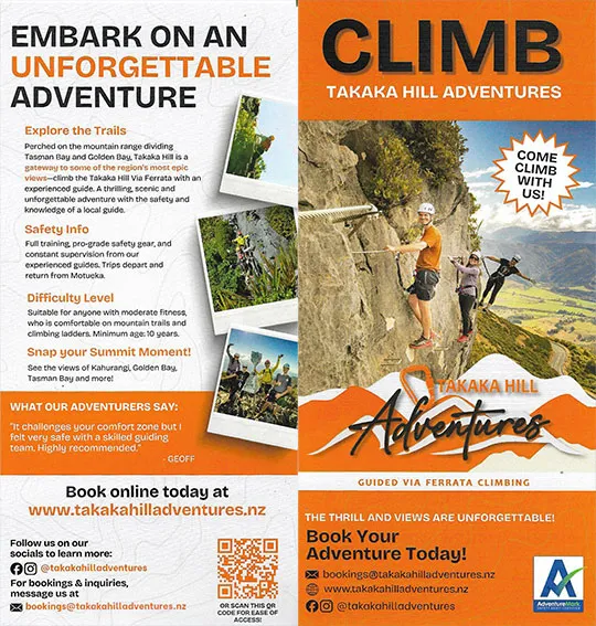 front cover of Takaka Hill Adventures brochure