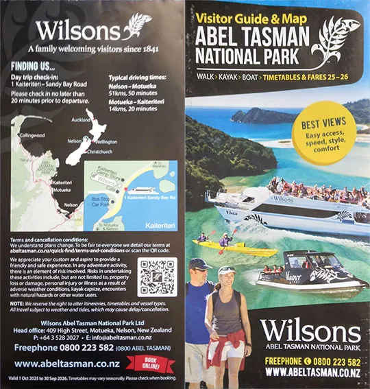 front cover of Wilsons Abel Tasman National Park visitor guide brochure
